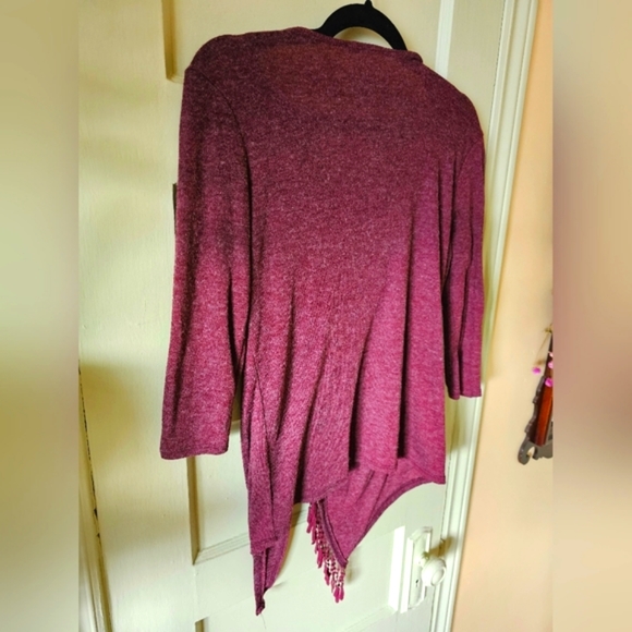 Boho maroon layered cowl neck knit wrap cardigan with fringe Maurices - Picture 9 of 11